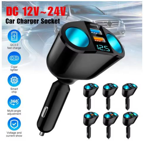 Car Cigarette Lighter Socket Splitter 12V with voltage display