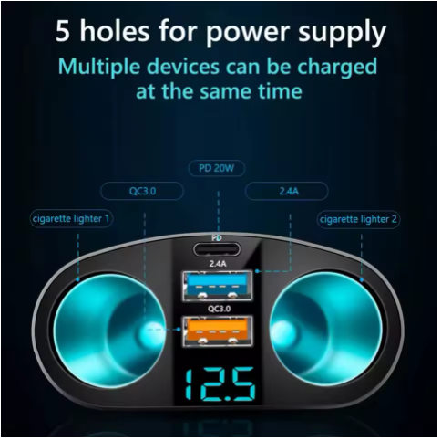Car Cigarette Lighter Socket Splitter 12V with voltage display