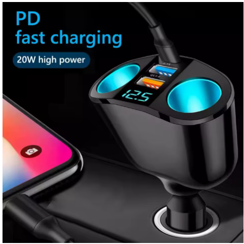 Car Cigarette Lighter Socket Splitter 12V with voltage display